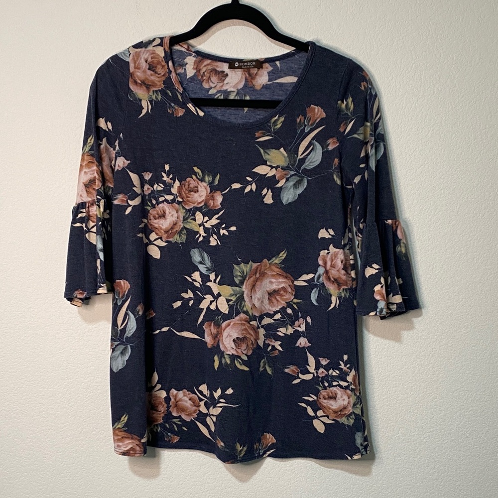 Women’s Bell Sleeve Floral Navy Blouse Top Tee